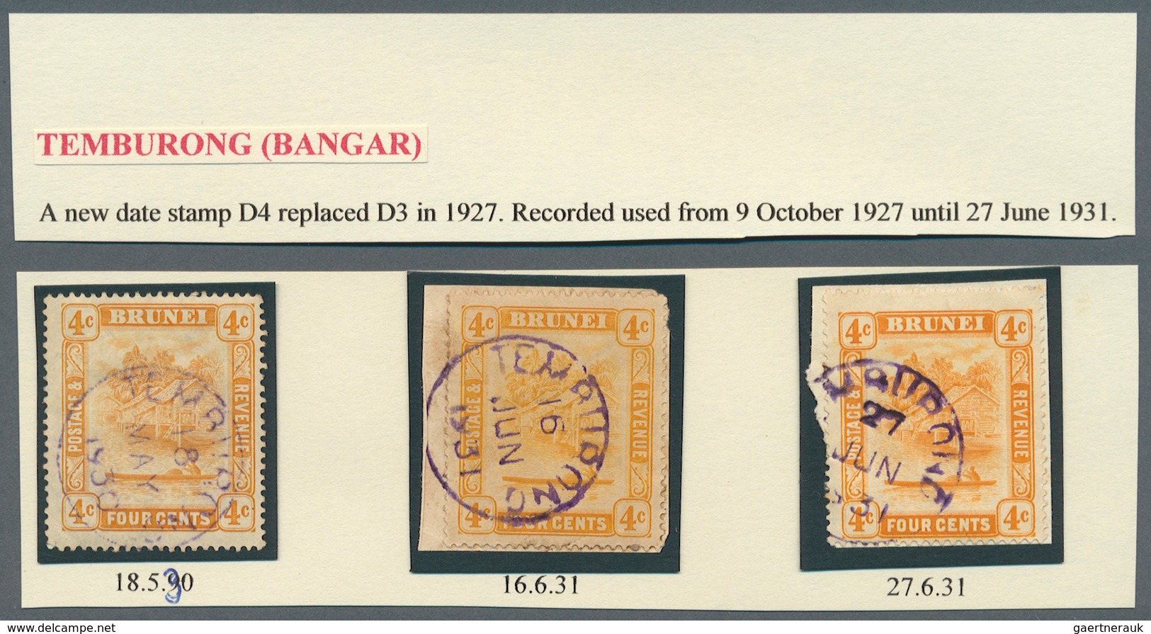 05120 Brunei - Stempel: TEMBURONG (type D4): 1927/31, 13 `bush Huts And Canoe' Stamps Incl. Five On Pieces - Brunei (1984-...)