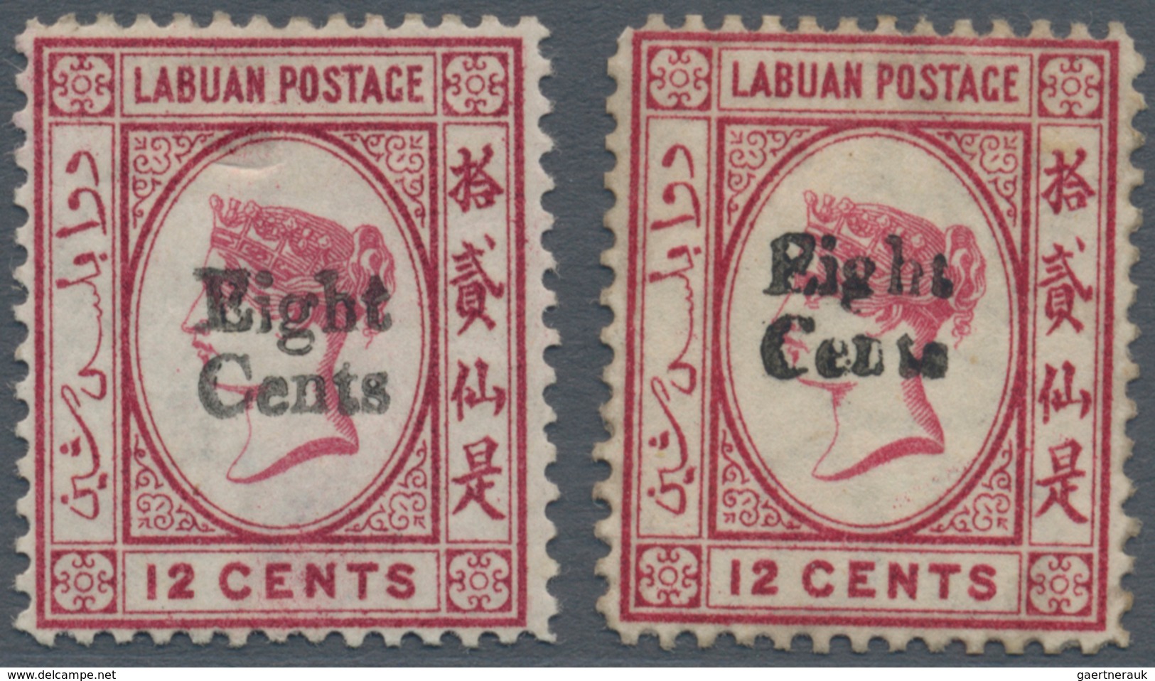 05154 Labuan: 1881, QV 12c. Carmine Handstamped 'Eight Cents' In Type 5 Two Stamps With Normal Or REVERSED - Other & Unclassified