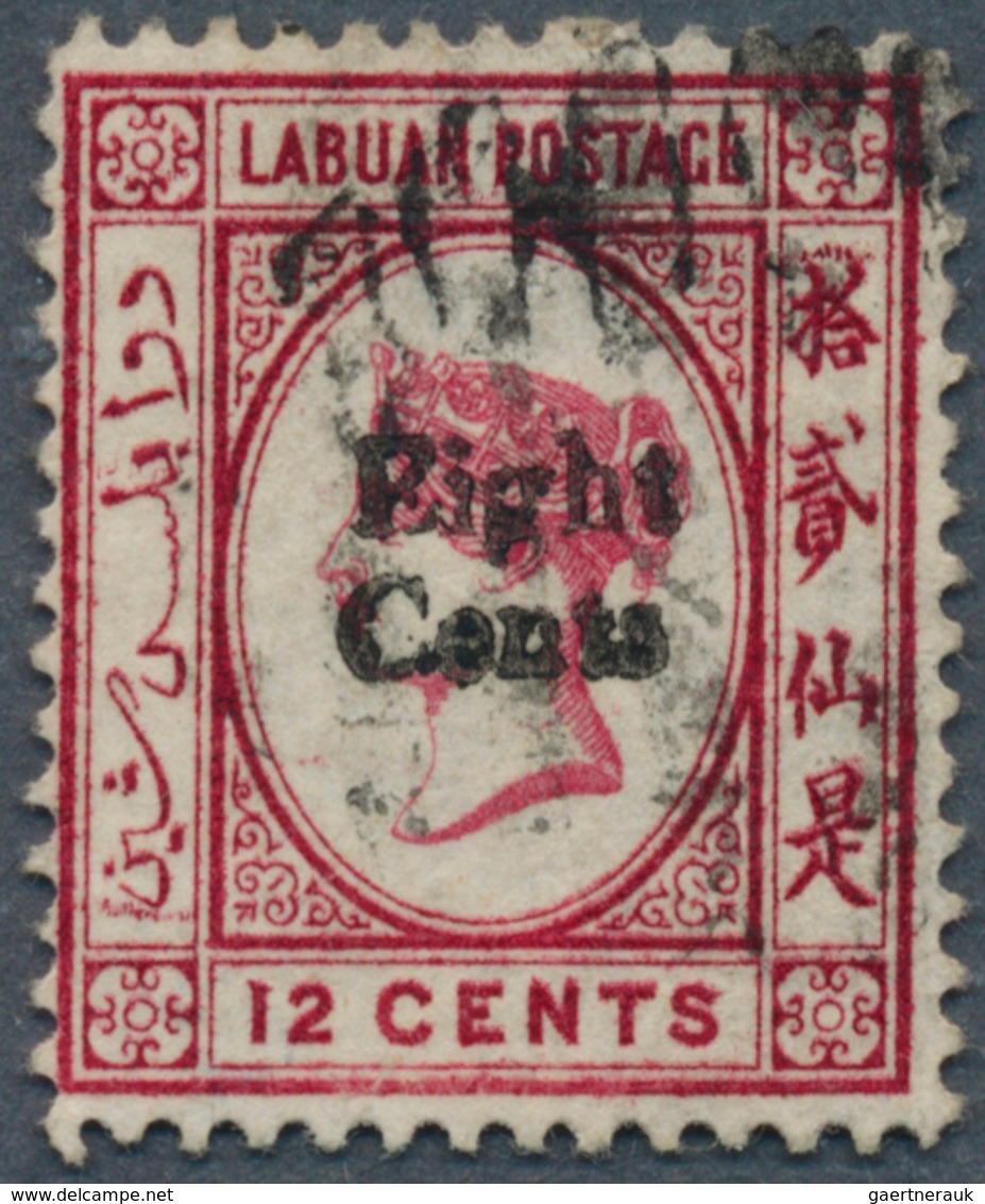 05157 Labuan: 1881, QV 12c. Carmine Handstamped 'Eight Cents' In Type 5 With Variety 'NO RIGHT FOOT TO SEC - Other & Unclassified