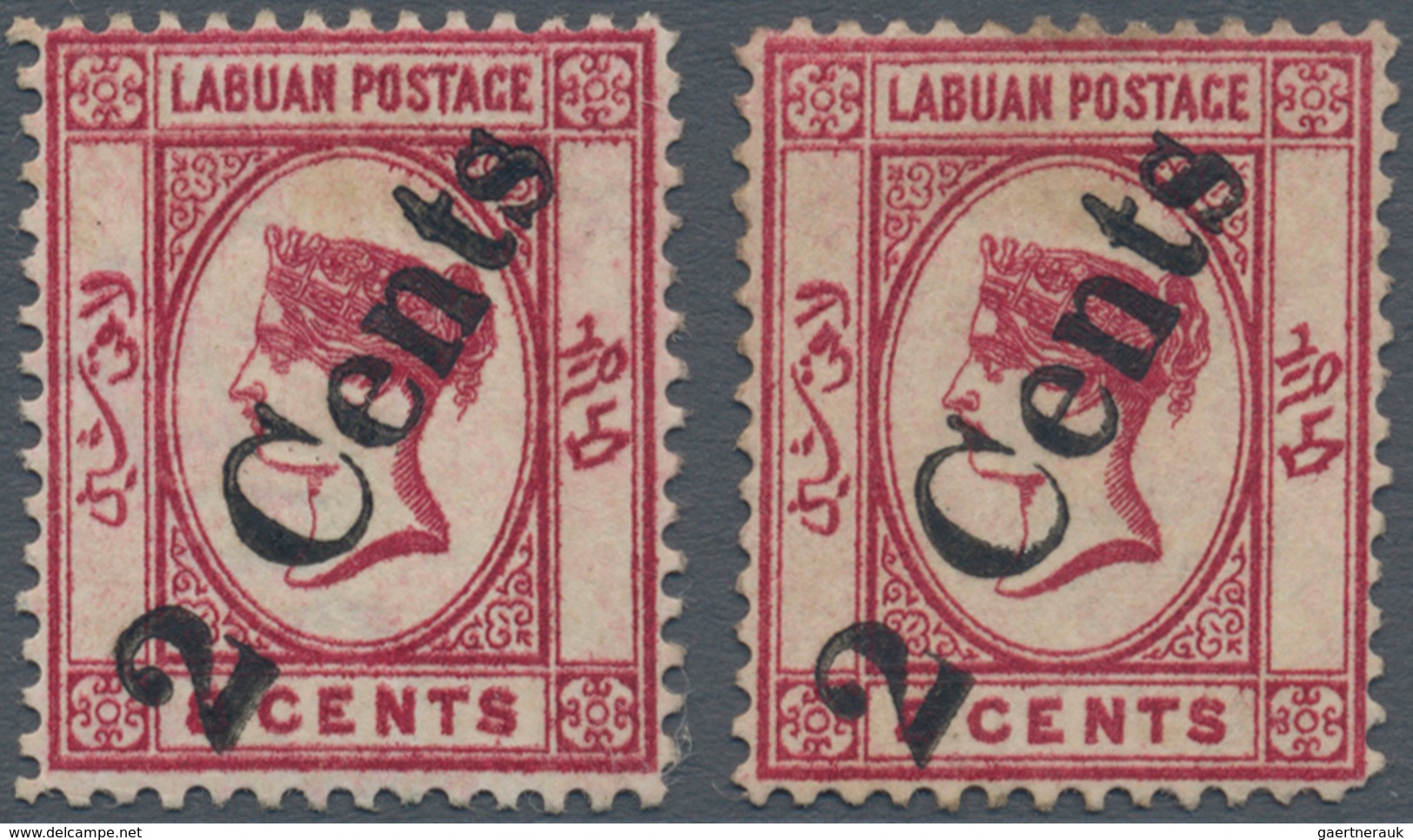 05165 Labuan: 1885, QV 8c. Carmine Handstamped Diagonal '2 Cents' In Type 9 Two Stamps With Normal Or REVE - Sonstige & Ohne Zuordnung