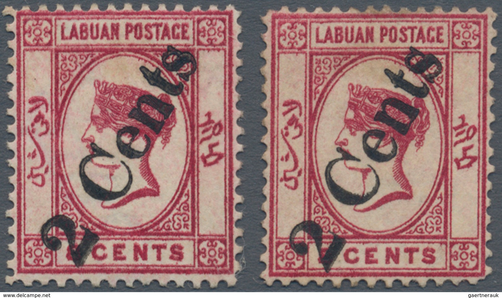 05165 Labuan: 1885, QV 8c. Carmine Handstamped Diagonal '2 Cents' In Type 9 Two Stamps With Normal Or REVE - Other & Unclassified