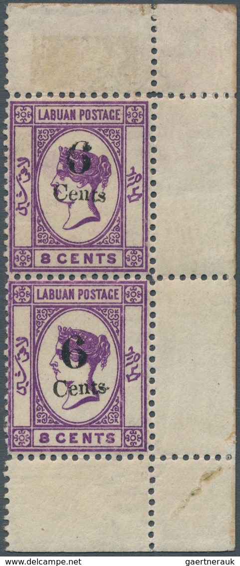 05175 Labuan: 1891-92 6c. On 8c. Mauve Vertical Pair Of Right Hand Corner Stamps, Varieties "Wmk Crown CA - Other & Unclassified