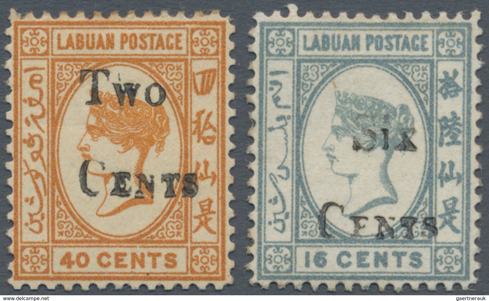 05180 Labuan: 1892, Two Locally Surcharged QV Stamps Incl. 40c. Surch. 'TWO CENTS' (type 11) And 16c. Grey - Other & Unclassified