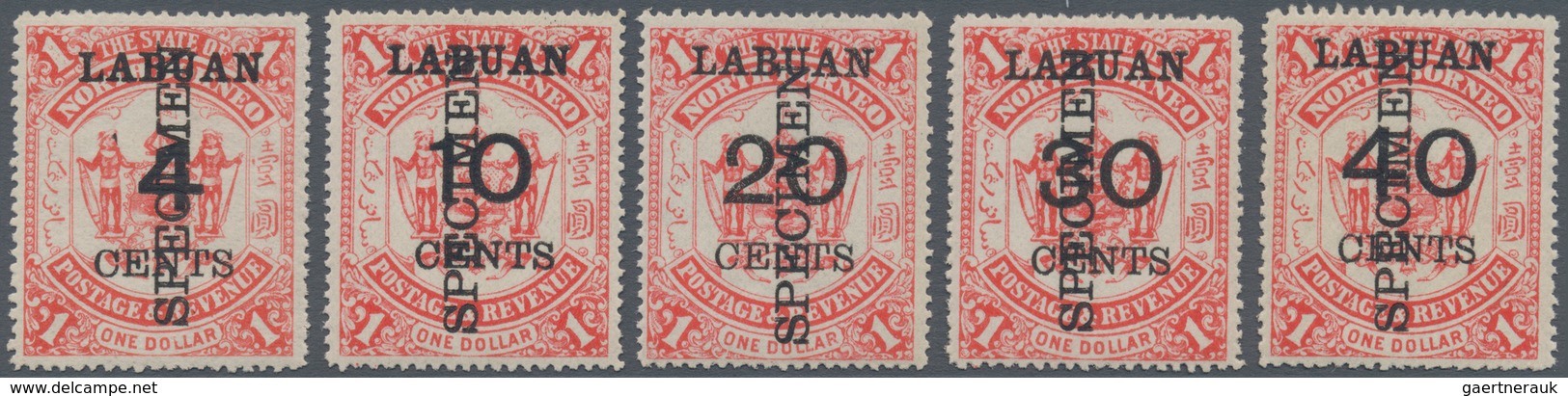 05191 Labuan: 1895, North Borneo Coat Of Arms $1 Scarlet With Different Surcharges And LABUAN Opt. Three C - Autres & Non Classés