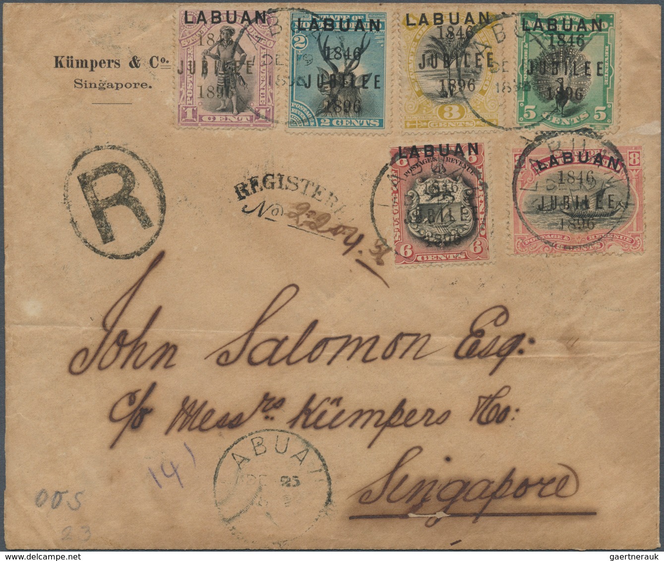 05200 Labuan: 1896 Jubilee Complete Set On Registered Cover To Singapore, Cancelled "LABUAN/DE 19/1896" Cd - Other & Unclassified