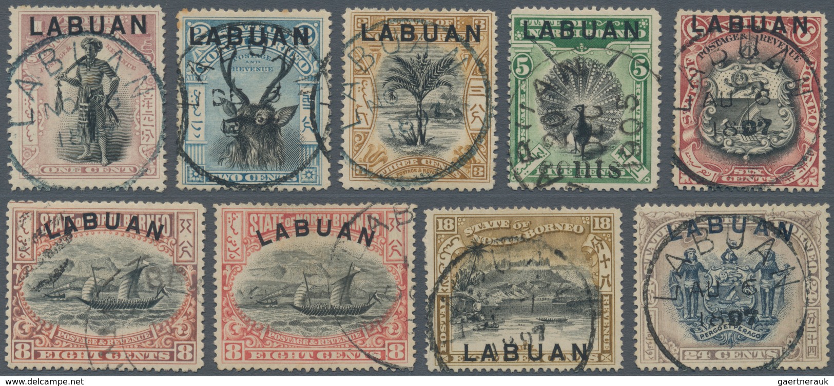 05203 Labuan: 1897, Pictorial Definitives Colour Changes Complete Set Of Nine Fine Used With Labuan Cds., - Other & Unclassified