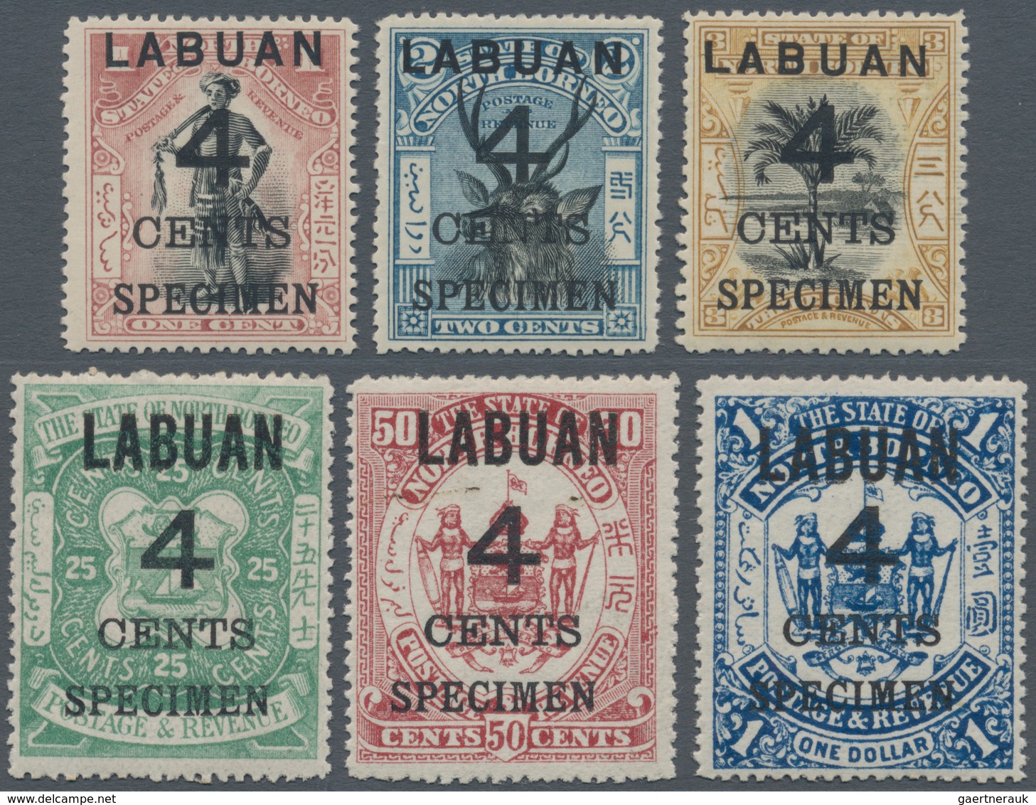 05209 Labuan: 1899, Pictorial And Coat Of Arms Definitives Surcharged '4 CENTS' Complete Set Of 12 Incl. T - Other & Unclassified