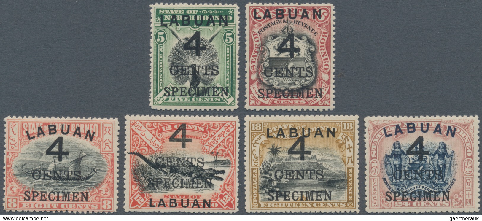 05209 Labuan: 1899, Pictorial And Coat Of Arms Definitives Surcharged '4 CENTS' Complete Set Of 12 Incl. T - Other & Unclassified