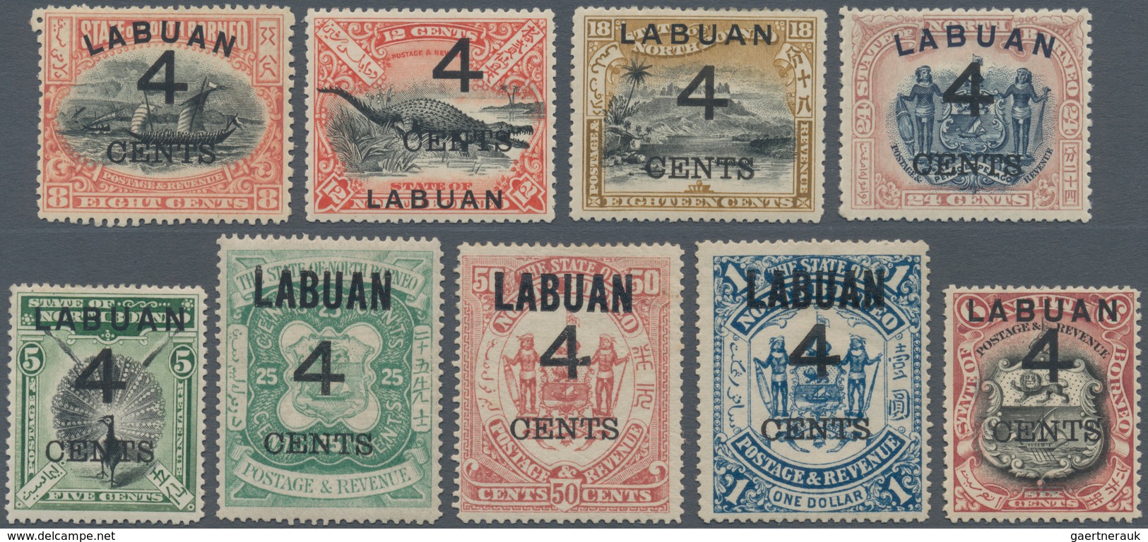05210 Labuan: 1899, Pictorial And Coat Of Arms Definitives Surcharged '4 CENTS' Complete Set Of Nine Mint - Other & Unclassified