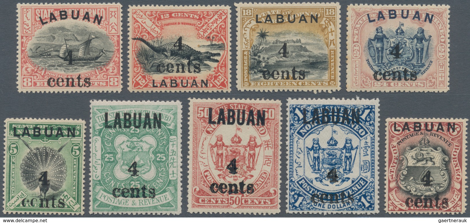 05222 Labuan: 1904, Pictorial And Coat Of Arms Definitives Surcharged '4 Cents' Complete Set Of Nine Mint - Other & Unclassified