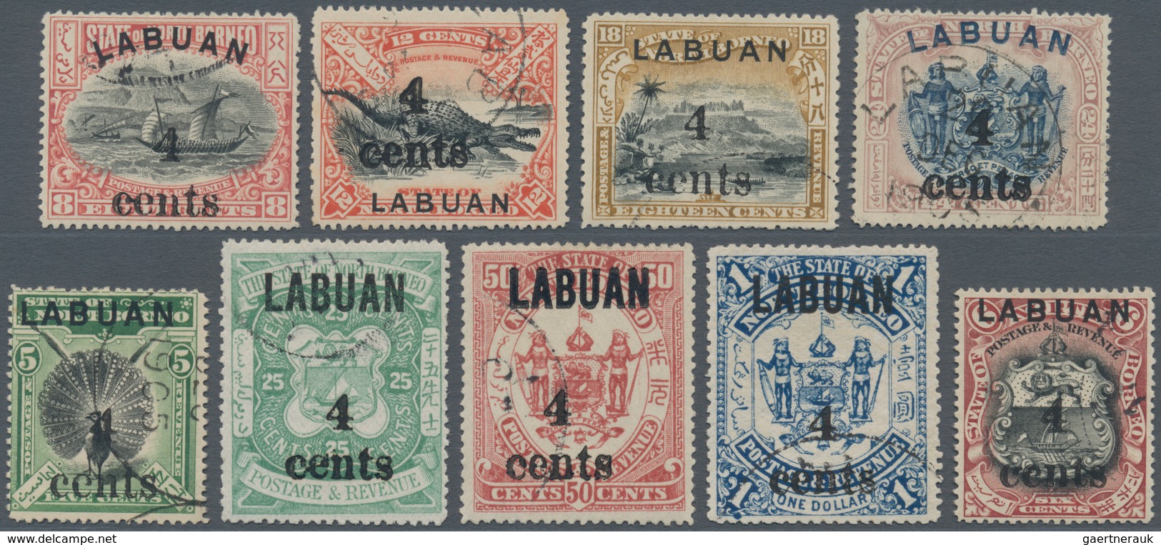 05223 Labuan: 1904, Pictorial And Coat Of Arms Definitives Surcharged '4 Cents' Complete Set Of Nine Fine - Other & Unclassified