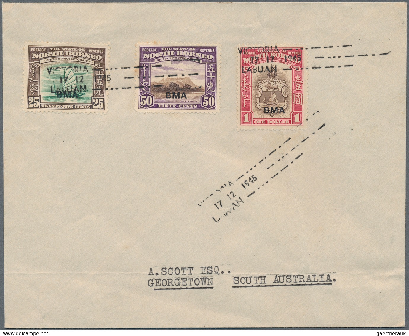 05238 Labuan: 1945, North Borneo Used In Labuan: 25 C, 50 C And 1 $ "BMA" Issue, Mixed Franking On First D - Other & Unclassified