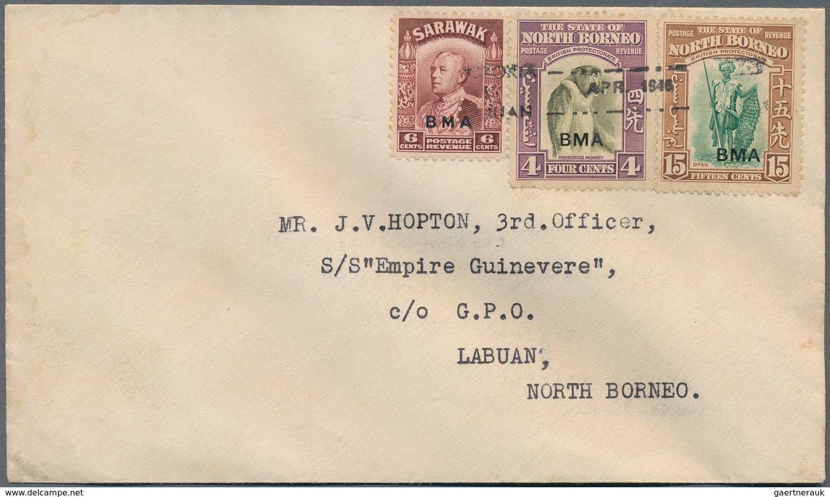 05243 Labuan: 1946 Cover To J.V.Hopton, 3rd Officer Of S/S "Empire Guinevere" (a 7,085 GRT Cargo Ship Buil - Other & Unclassified