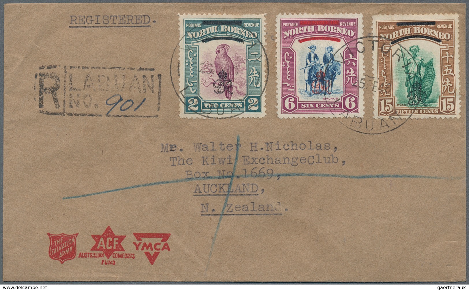 05250 Labuan: 1948, 'Salvation Army/ACF/YMCA' Envelope Used Registered To Auckland, New Zealand, Franked B - Autres & Non Classés
