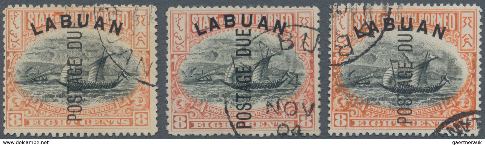 05255 Labuan - Portomarken: 1901, Pictorial Definitive 'Malay Dhow' 8c. Black/vermilion Three Stamps With - North Borneo (...-1963)