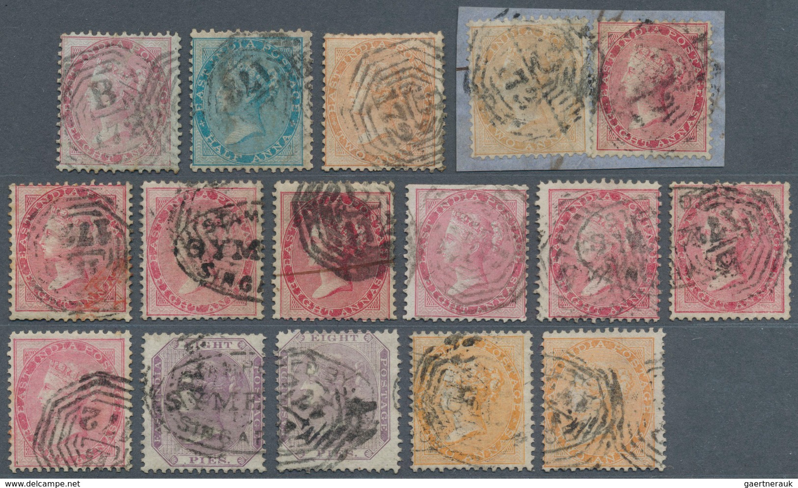 05261 Malaiische Staaten - Straits Settlements: 1855-65, Group Of 16 East India Stamps, Two On Piece, Used - Straits Settlements