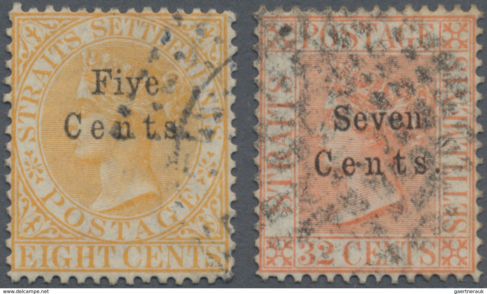 05273 Malaiische Staaten - Straits Settlements: 1879 5c. On 8c. Orange And 7c. On 32c. Pale Red Both Used, - Straits Settlements