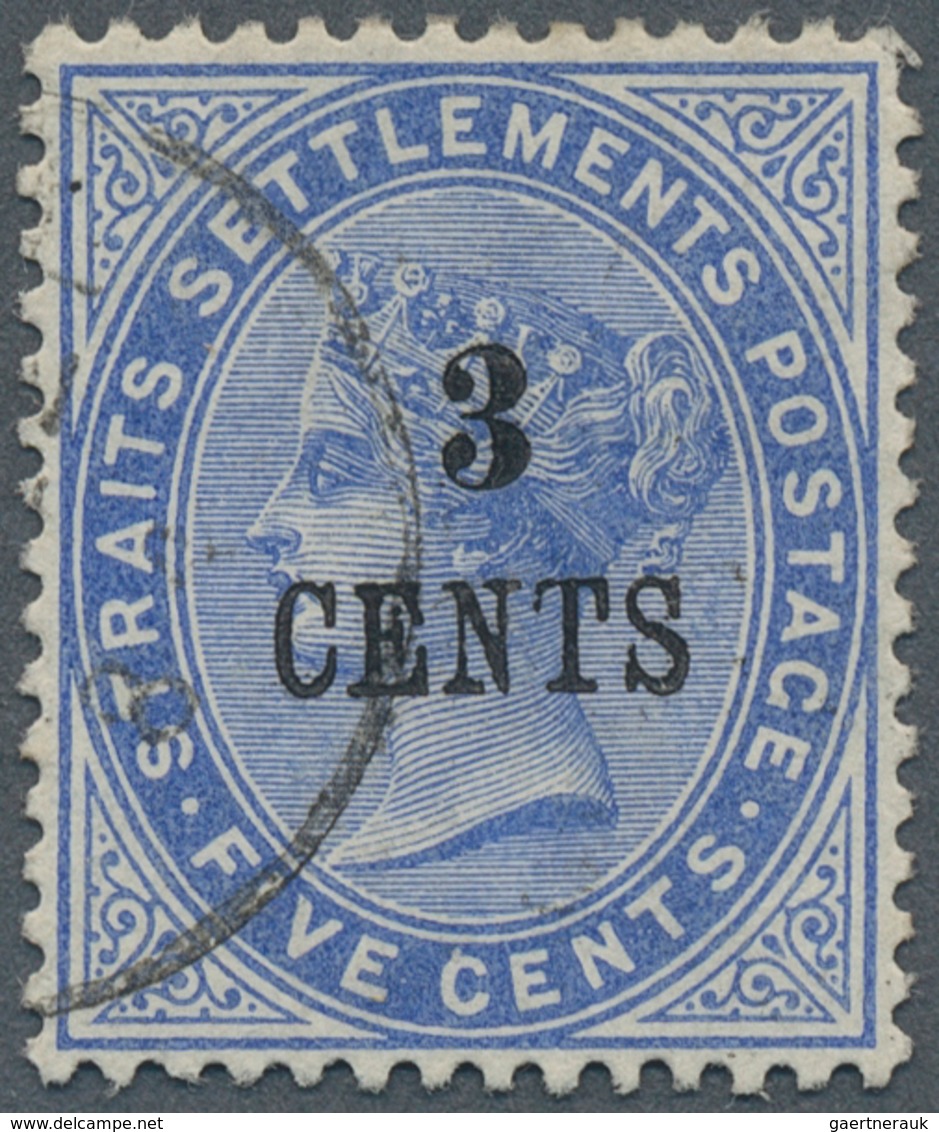 05290 Malaiische Staaten - Straits Settlements: 1885, QV 5c. Blue With Wmk. Crown CA Surcharged '3 CENTS' - Straits Settlements