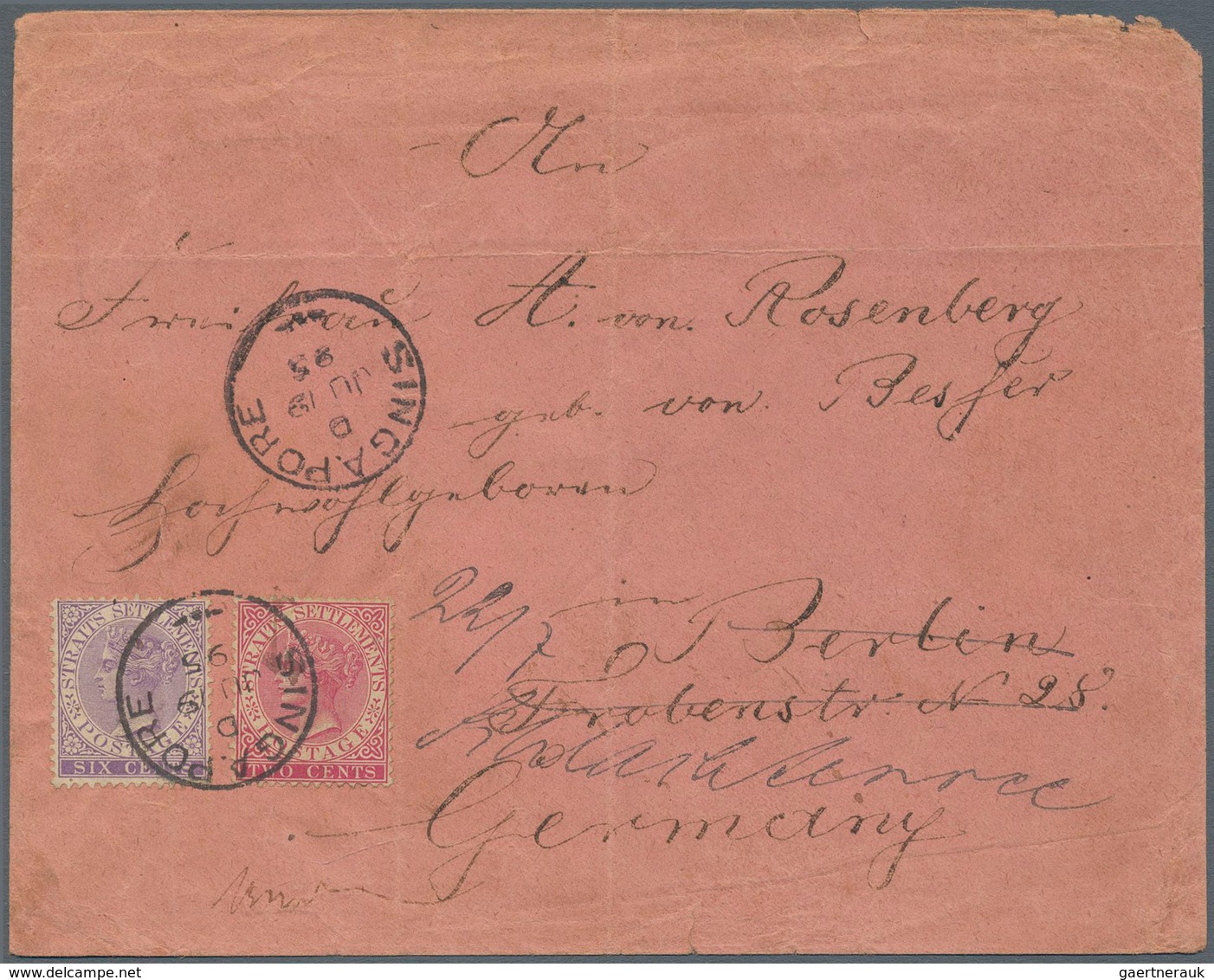 05301 Malaiische Staaten - Straits Settlements: 1895 Cover From Singapore To Berlin, Redirected To Schlach - Straits Settlements