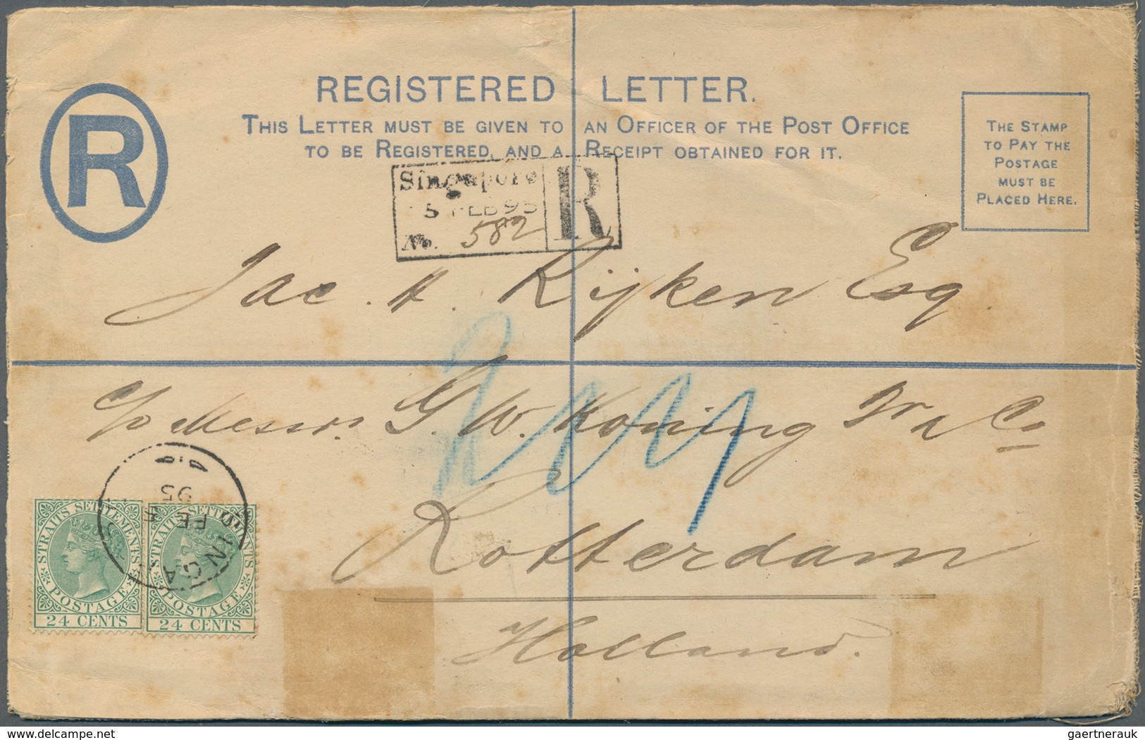 05302 Malaiische Staaten - Straits Settlements: 1895. Registered Postal Stationery Envelope (faults/soiled - Straits Settlements