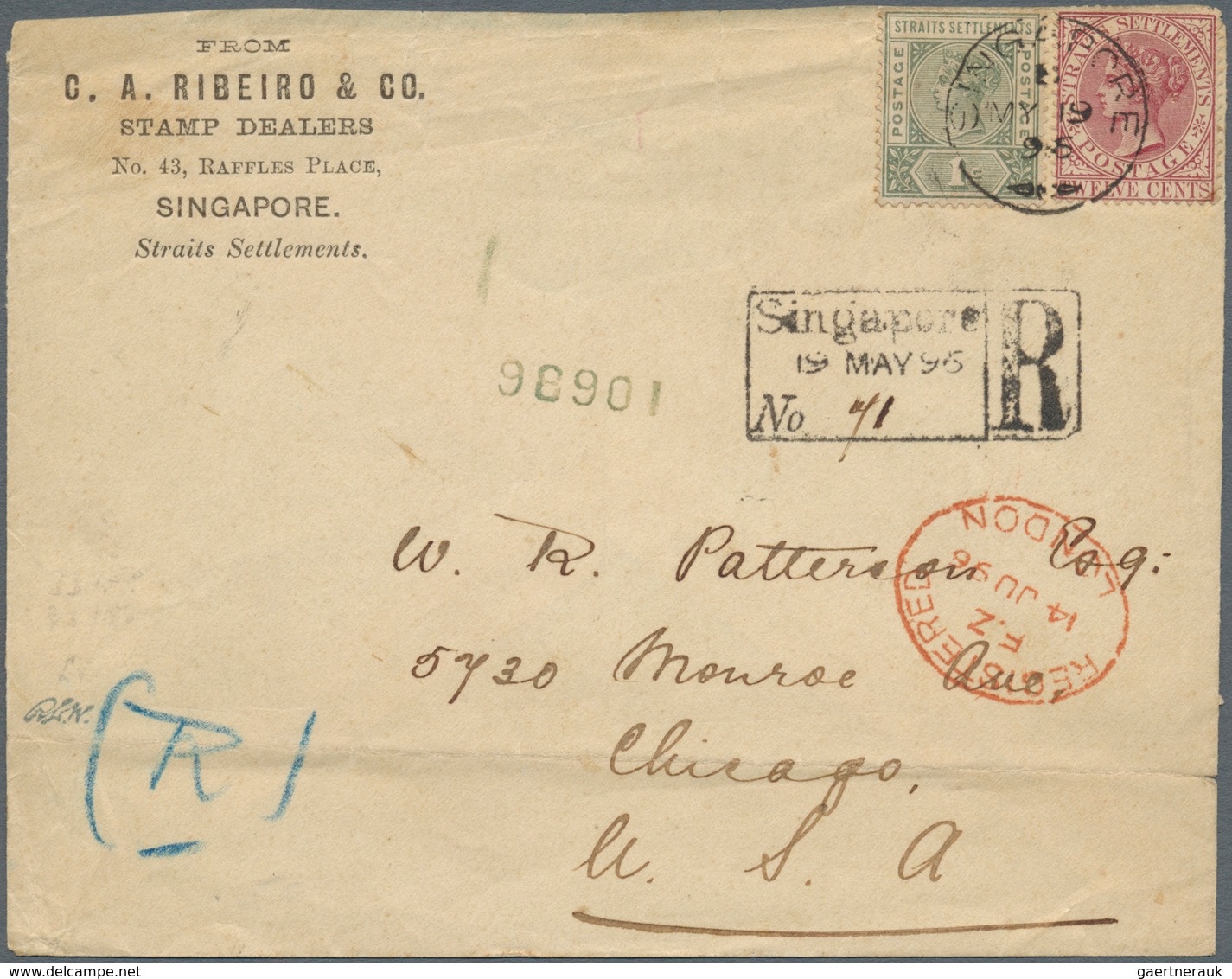 05303 Malaiische Staaten - Straits Settlements: 1896 Registered Cover From Singapore To Chicago, USA Via L - Straits Settlements