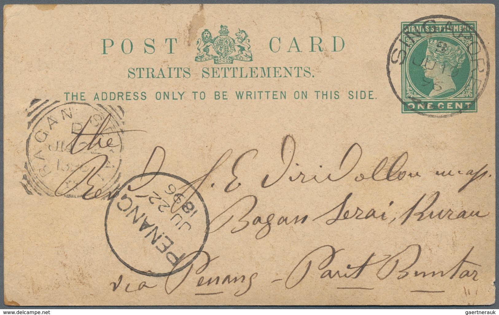 05304 Malaiische Staaten - Straits Settlements: 1896 (19.6.), Stat. Postcard QV 1c. Green Commercially Use - Straits Settlements