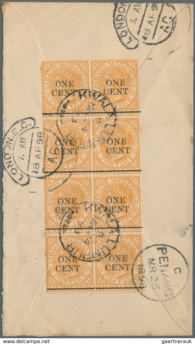 05305 Malaiische Staaten - Straits Settlements: 1898, 1 C On 8 C Orange QV, Block Of Eight As Multiple Fra - Straits Settlements