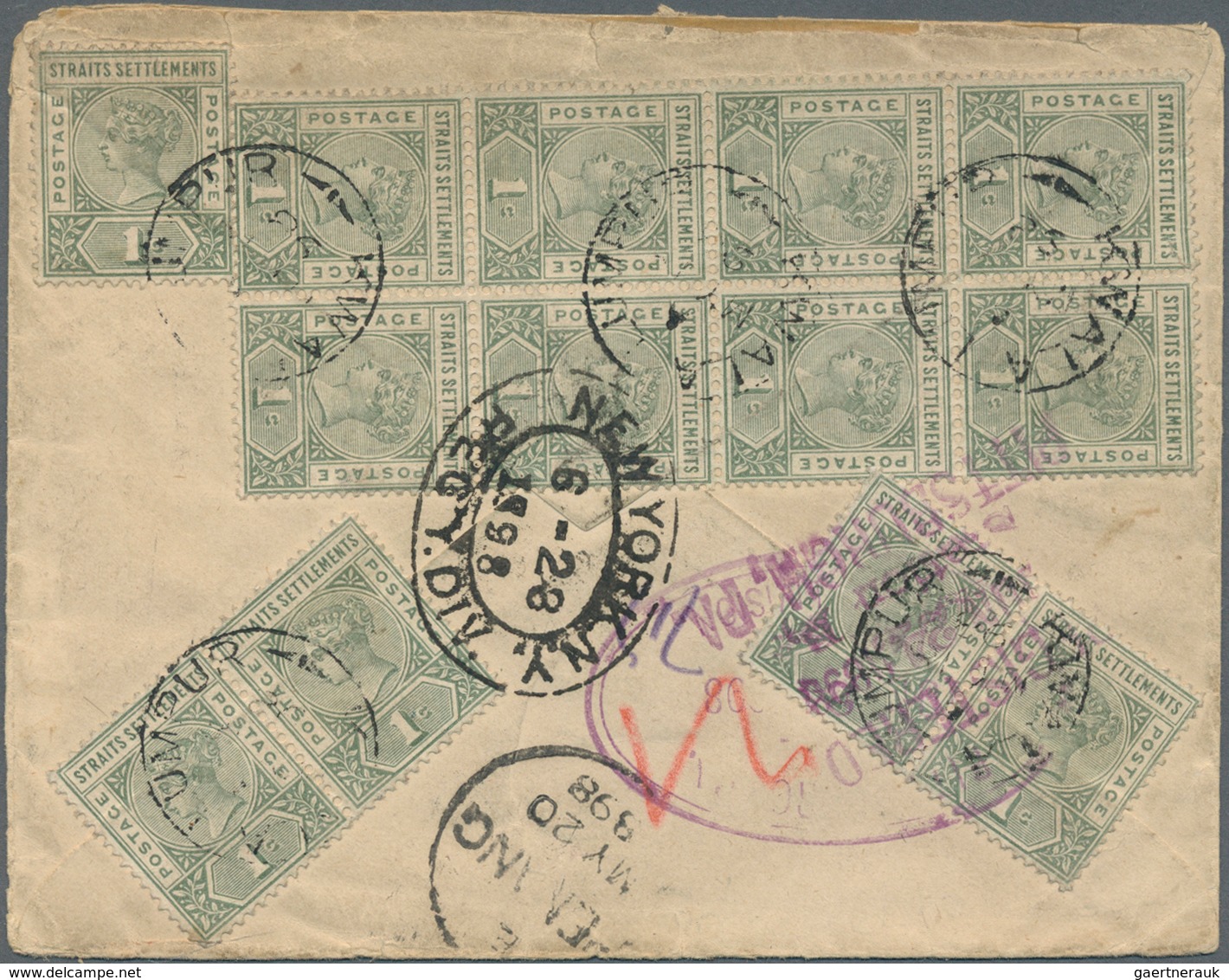 05306 Malaiische Staaten - Straits Settlements: 1898, 13 X 1 C Green QV, Exact Rate Multiple Mass Franking - Straits Settlements