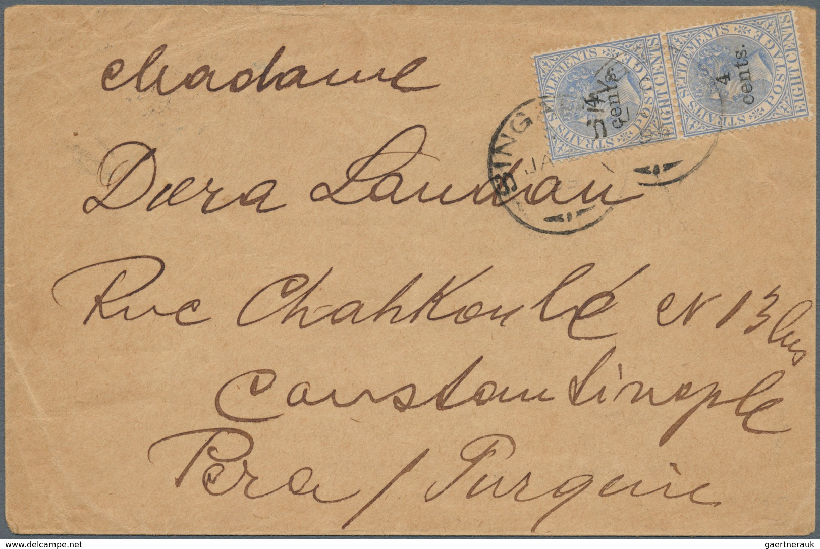 05313 Malaiische Staaten - Straits Settlements: 1899 Destination TURKEY: Cover From Singapore To Pera, Con - Straits Settlements