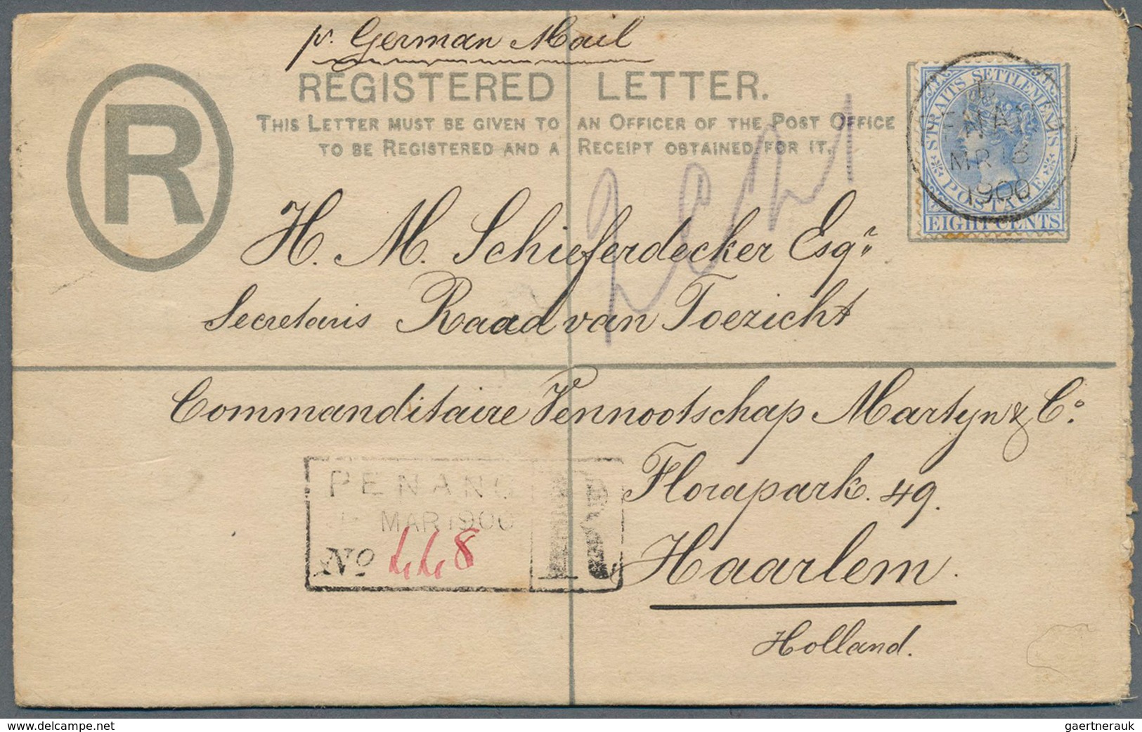 05314 Malaiische Staaten - Straits Settlements: 1900 (13.03): 5 C. Registered Postal Stationary Envelope W - Straits Settlements