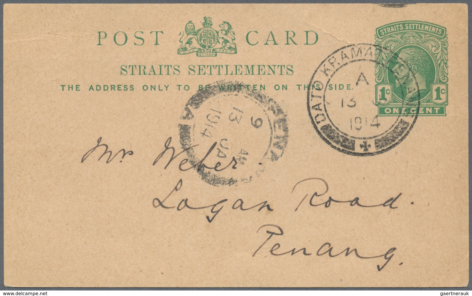 05366 Malaiische Staaten - Straits Settlements: 1914, 1 D Stationery Card Bearing DATO KRAMAT PENANG Dates - Straits Settlements