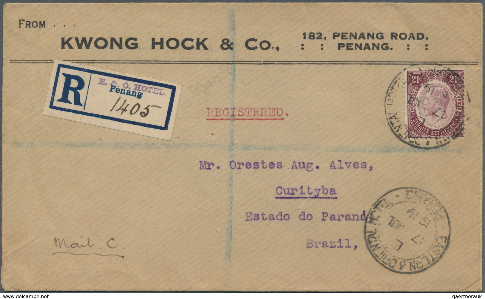 05371 Malaiische Staaten - Straits Settlements: 1919. Registered Envelope Addressed To Brazil Bearing Stra - Straits Settlements