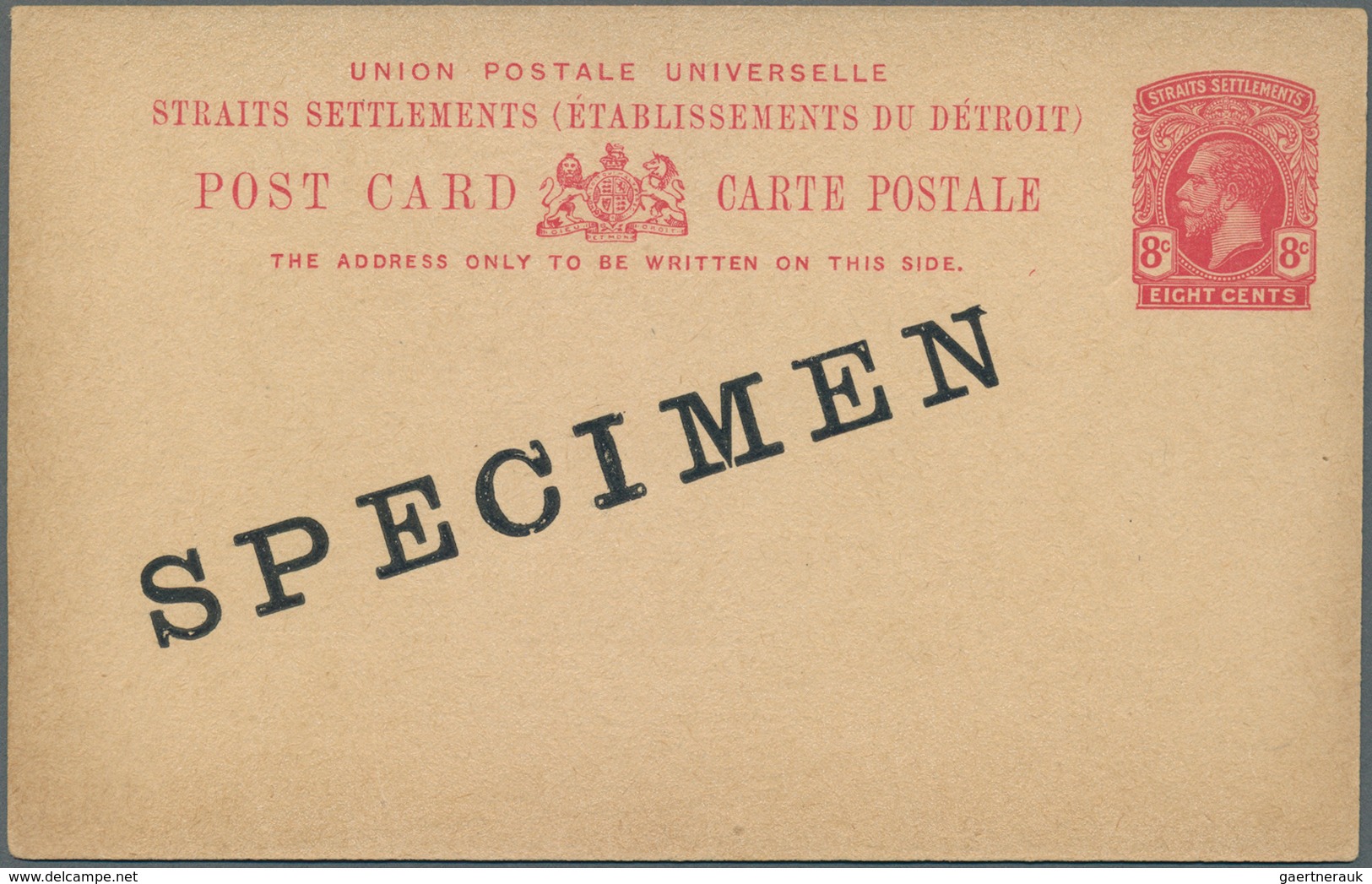 05380 Malaiische Staaten - Straits Settlements: 1922 UNISSUED Postal Stationery Card 8c. Carmine On Buff, - Straits Settlements