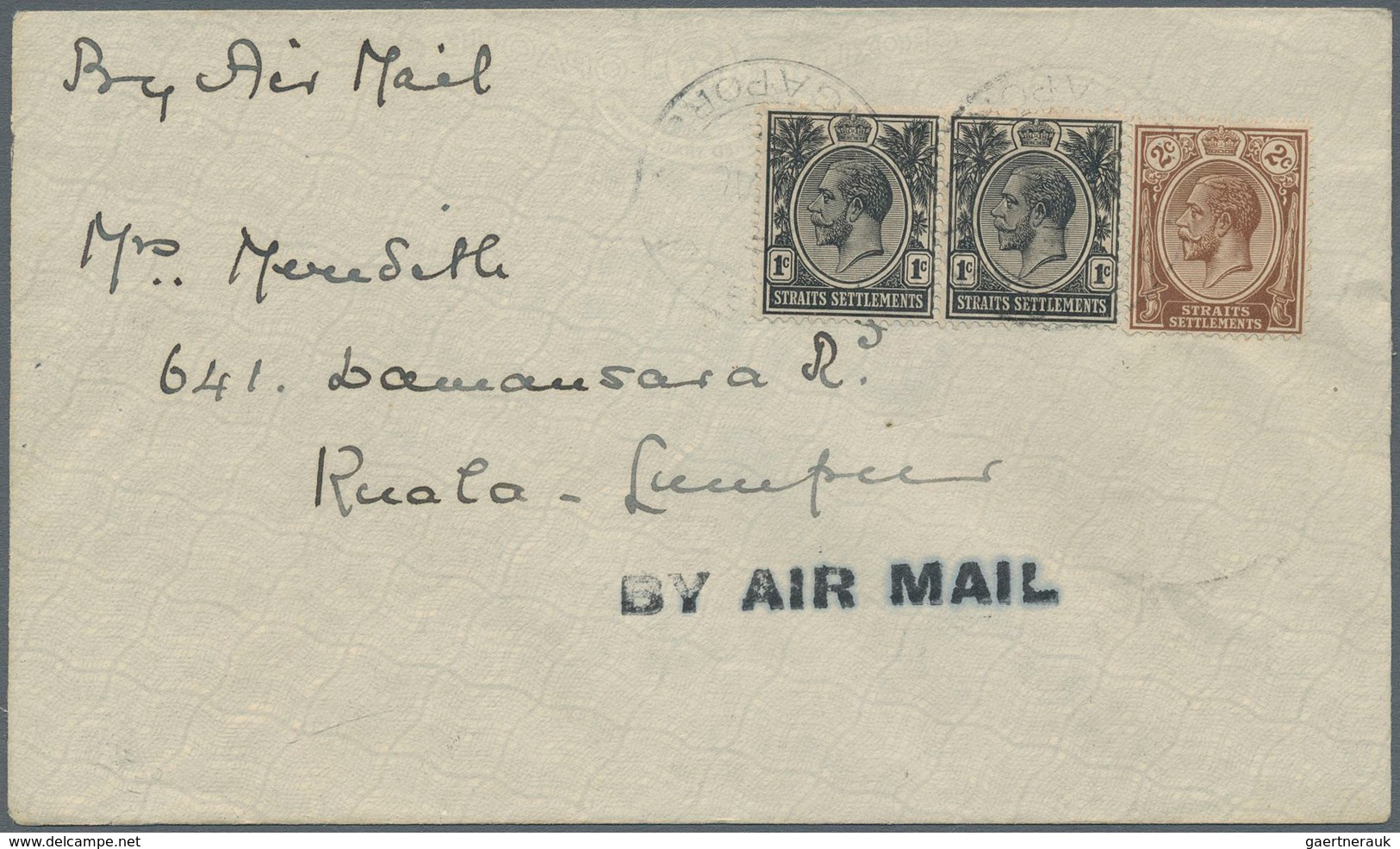 05387 Malaiische Staaten - Straits Settlements: 1926 Early Singapore-Kuala Lumpur Airmail Cover Franked KG - Straits Settlements