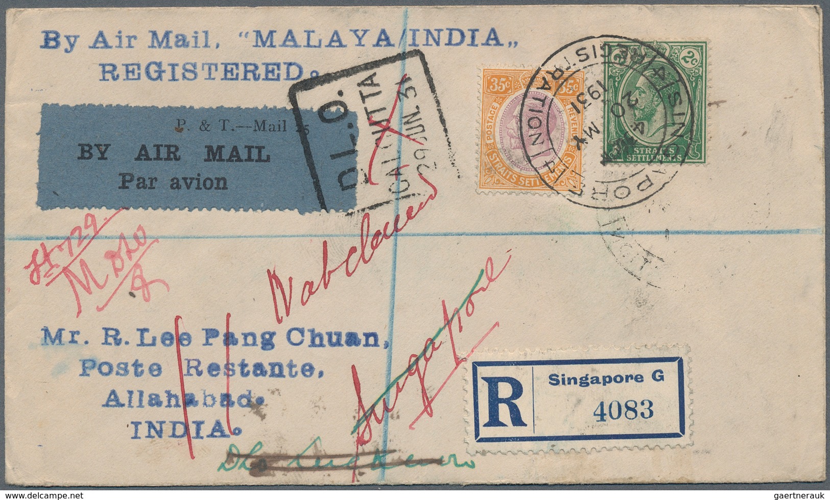 05413 Malaiische Staaten - Straits Settlements: 1931, MALAYA-INDIA AIRMAIL LETTER RATES BY IMPERIAL AIRWAY - Straits Settlements