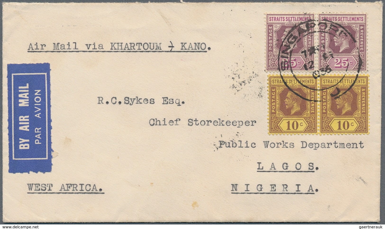 05454 Malaiische Staaten - Straits Settlements: 1936 (12.2.), Airmail Cover Bearing KGV 10c. Purple/yellow - Straits Settlements