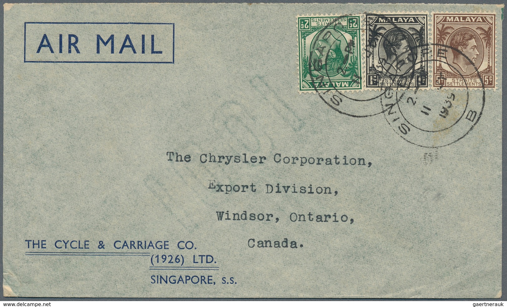 05472 Malaiische Staaten - Straits Settlements: 1938, 8 C Grey KGV, Single Franking On Imperial Airways Ai - Straits Settlements