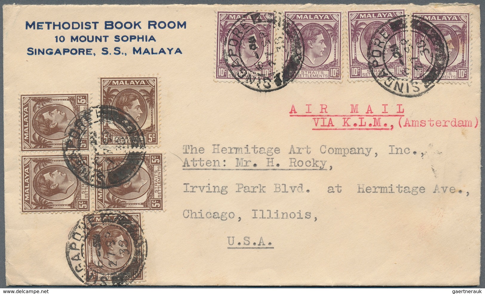 05474 Malaiische Staaten - Straits Settlements: 1938, 5 X 5 C Brown And 4 X 10 C Purple KGVI, Mixed Franki - Straits Settlements