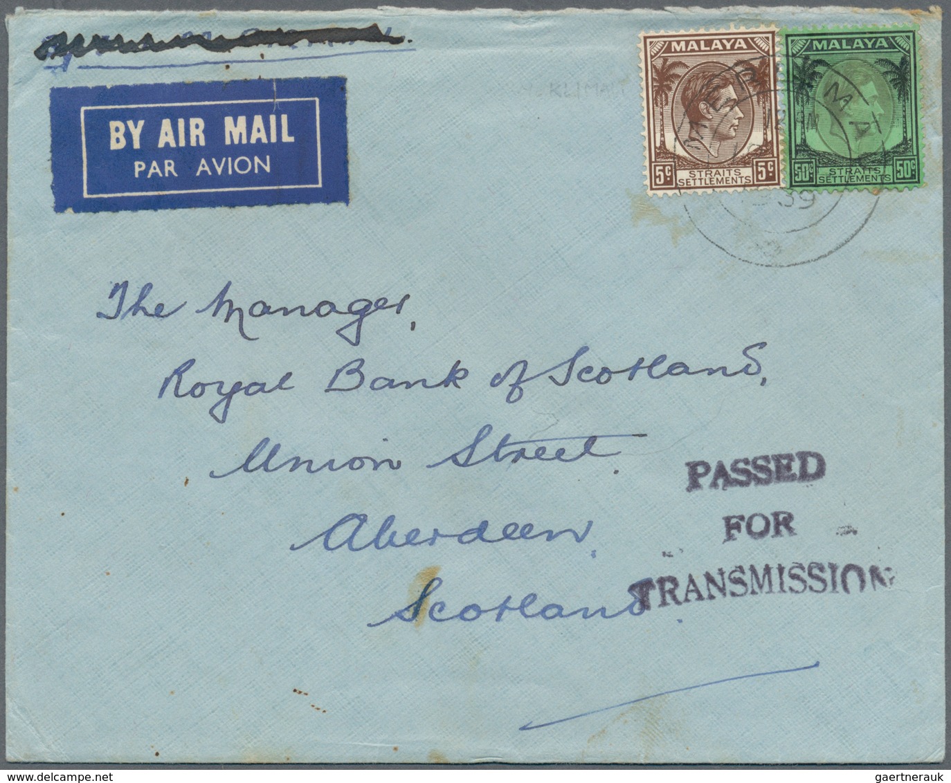 05490 Malaiische Staaten - Straits Settlements: 1939, Airmail Letter Bearing 5 And 50 C. Georg VI Addresse - Straits Settlements