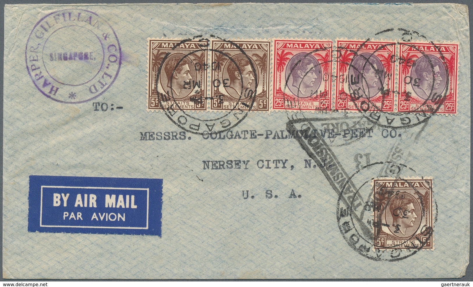 05494 Malaiische Staaten - Straits Settlements: 1940, 3 X 5 C Brown And 3 X 25 C Purple/scarlet KGVI, Mixe - Straits Settlements