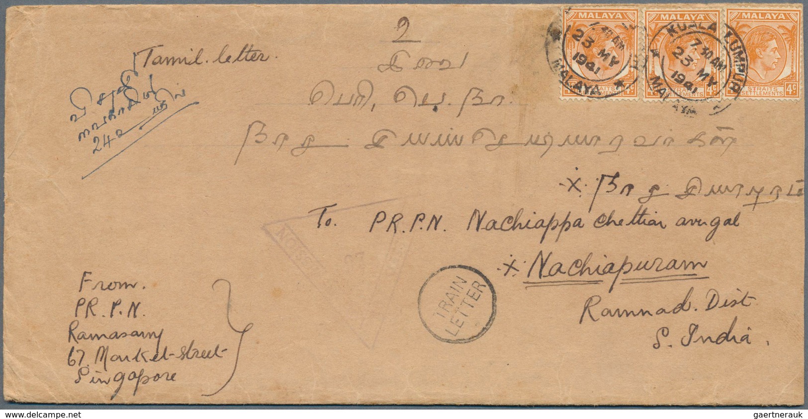 05514 Malaiische Staaten - Straits Settlements: 1941, 3 X 4 C Orange KGVI, Multiple Franking On Northbound - Straits Settlements