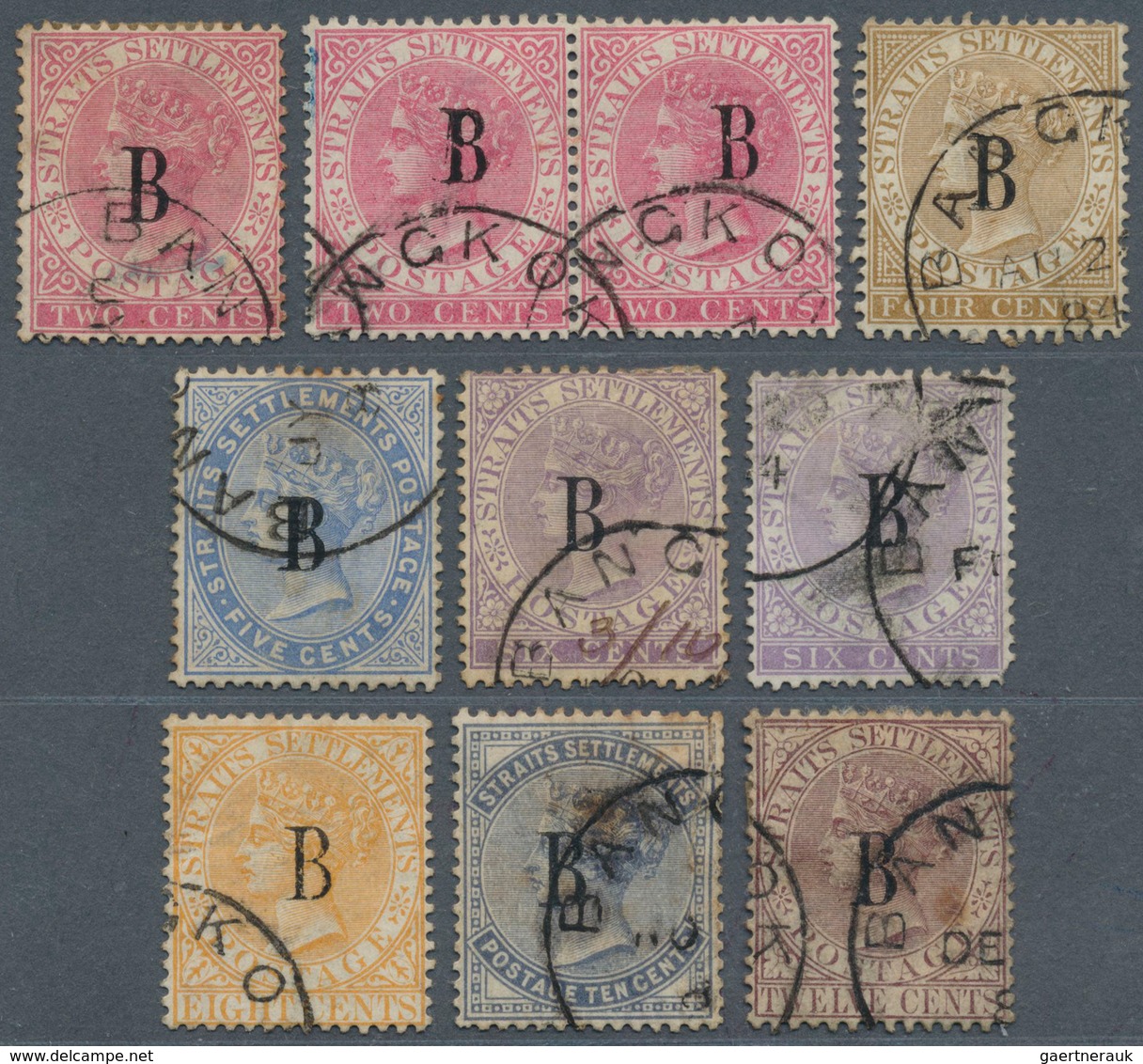 05548 Malaiische Staaten - Straits Settlements - Post In Bangkok: 1883-85 Ten QV Stamps, Wmk Crown CA, Opt - Straits Settlements