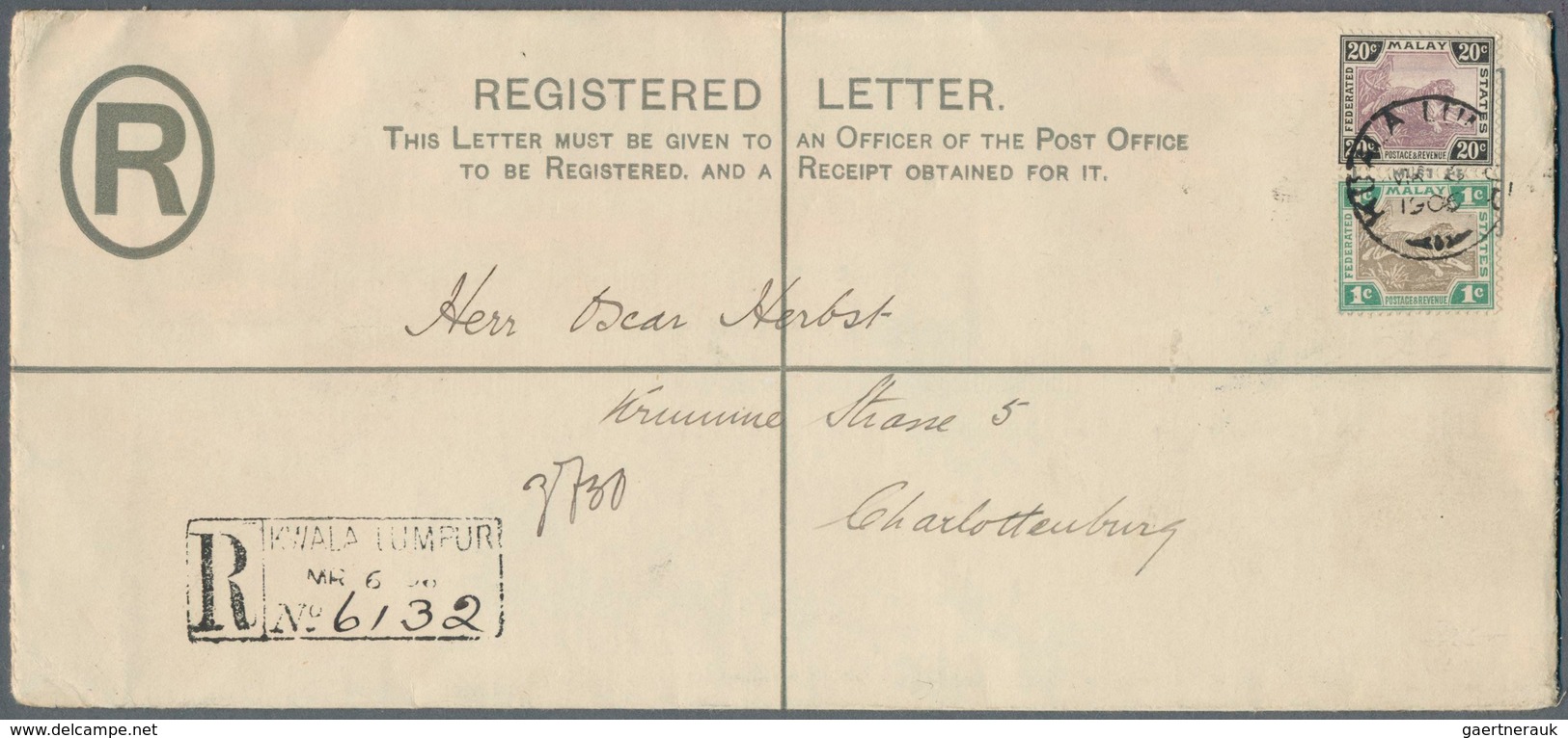 05558 Malaiischer Staatenbund: 1906 (6.3.), Registered Letter 'Tiger' 5c. Blue (long Size) Uprated With Ti - Federated Malay States