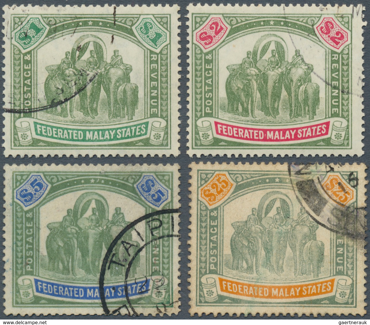 05560 Malaiischer Staatenbund: 1904-22 Elephants $1, $2, $5 And $25 Used, With Various Datestamps, $25 Lig - Federated Malay States