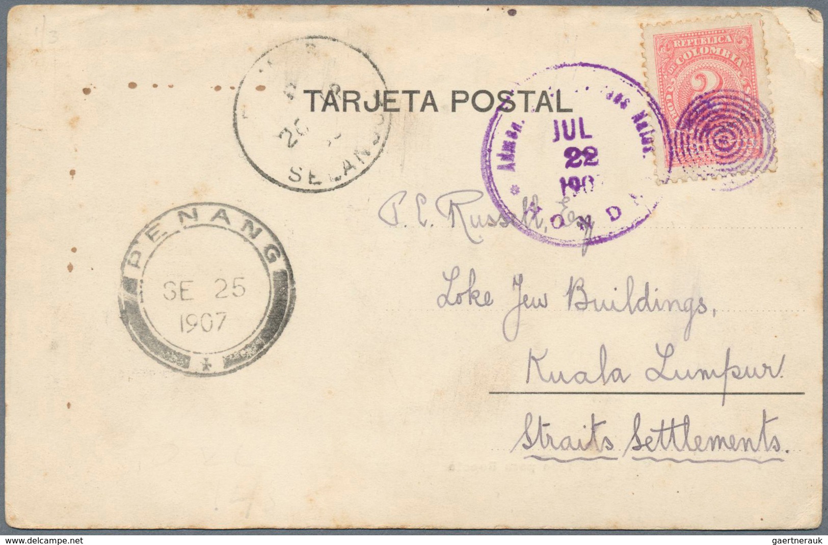 05561 Malaiischer Staatenbund: 1907, INCOMING MAIL, Colombia: 2 C Rose Single Franking On Realphoto Ppc Wi - Federated Malay States