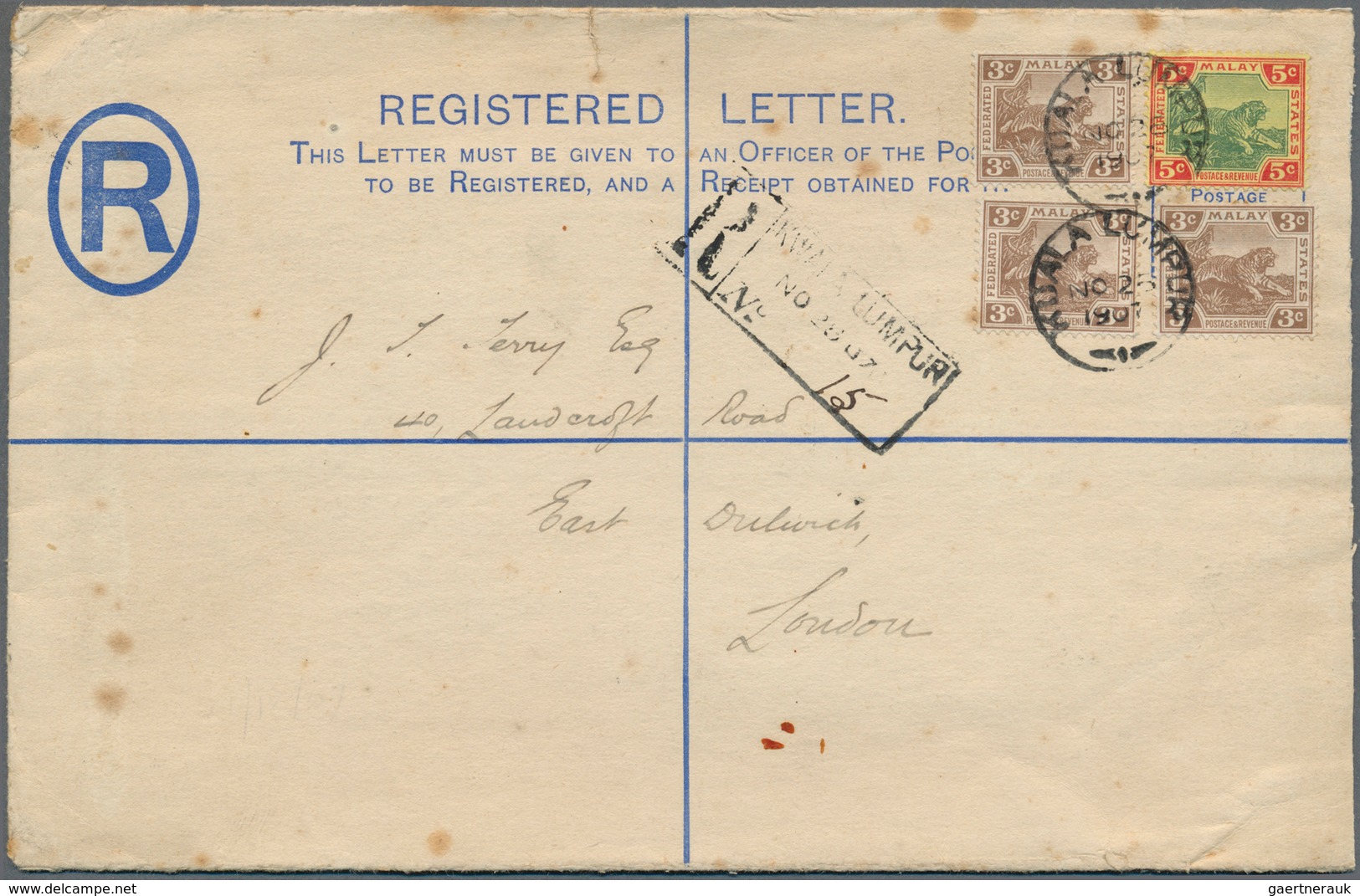 05563 Malaiischer Staatenbund: 1907 (25.11.), Registered Letter 'Tiger' 5c. Blue (large Size) Uprated With - Federated Malay States