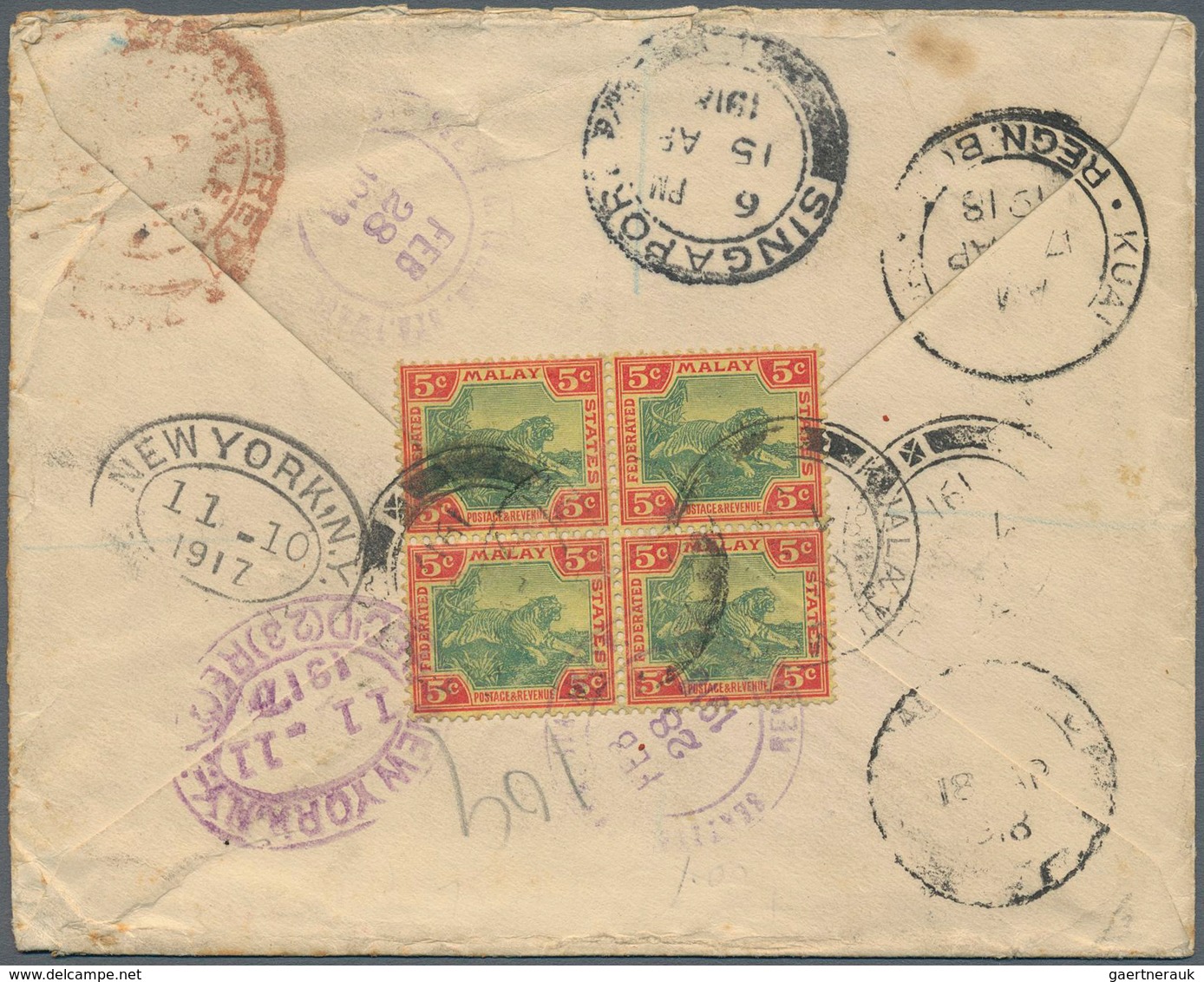 05571 Malaiischer Staatenbund: 1917, 5 C Green/carmine On Yellow, Block Of Four On Registered Cover Used I - Federated Malay States