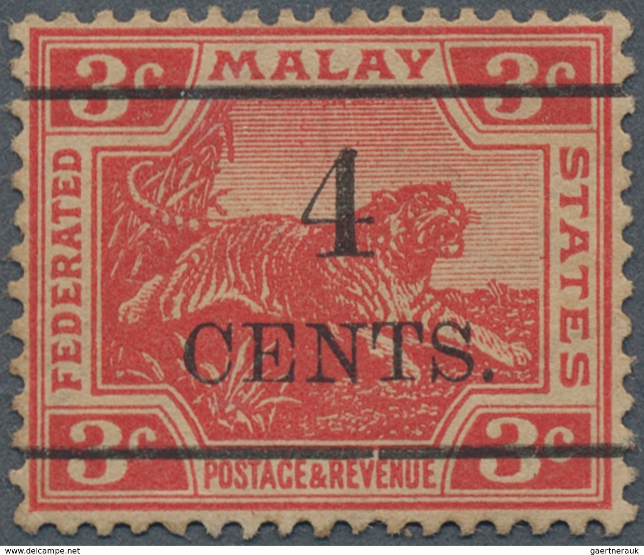 05572 Malaiischer Staatenbund: 1918 UNISSUED "4/CENTS." On 3c. Scarlet, Unused With Small Part Orig. Gum, - Federated Malay States