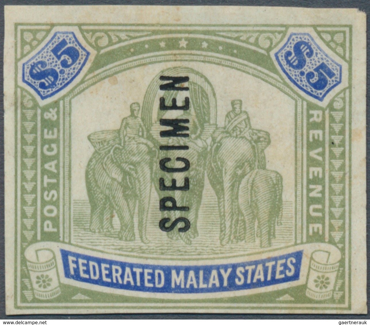 05577 Malaiischer Staatenbund: 1922-34 'Elephants' $5 Green & Blue, Wmk Mult Script CA, Imperforated Plate - Federated Malay States