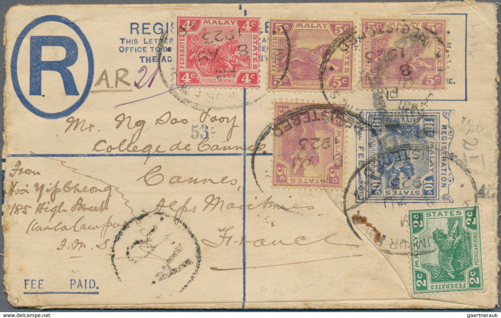 05579 Malaiischer Staatenbund: 1923 (8.8.), Registered Letter 'Tiger' 10c. Blue Uprated With Six Tiger Sta - Federated Malay States